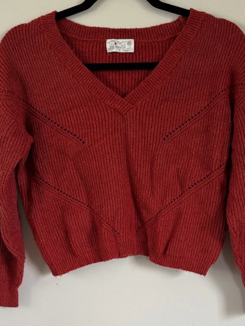 Rust V-Neck Cropped Textured Sweater‎ Puff Sleeve Cozy Soft Knit Small